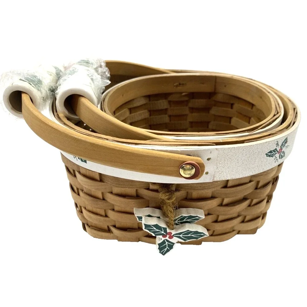 Wooden Woven Holiday Christmas Oval Baskets Porcelain Handle & Holly Leaves NEW